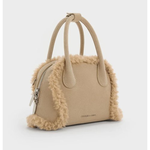 Nelly Recycled Suede & Faux Shearling Bowling Bag - Nutmeg Beige