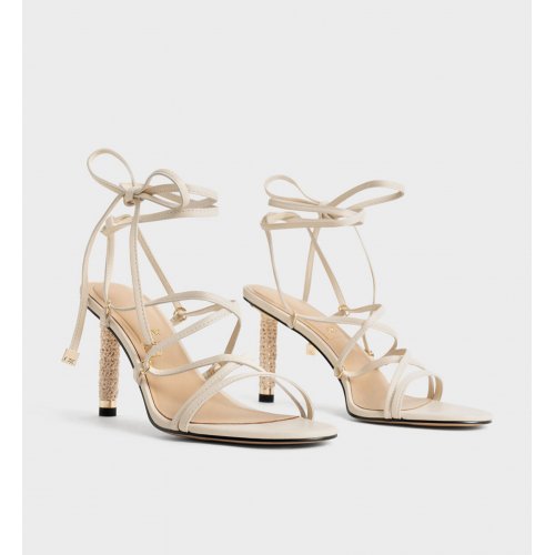  Strappy Woven-Heel Tie-Around Sandals - Beige 