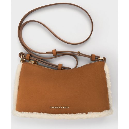  Robyn Faux Suede Fur-Trim Elongated Chain-Handle Bag - Brown 