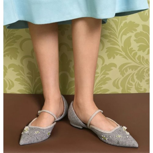  Twill Bead-Flower Pointed-Toe D'Orsay Mary Jane Flats - Grey