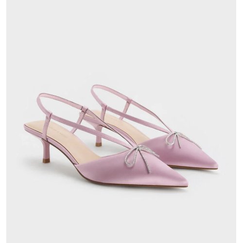 Recycled Polyester Crystal-Bow Kitten-Heel Slingback Pumps - Lilac