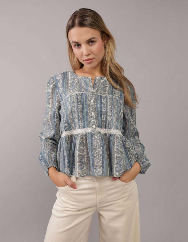 AE Long-Sleeve Babydoll Blouse - Multi, L 