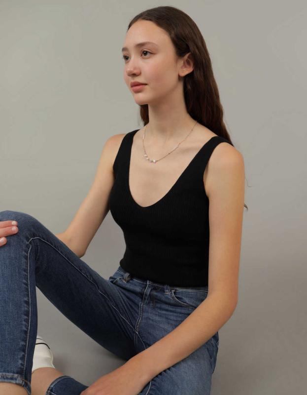 AE Ribbed Sweater Tank Top - Black, XS 