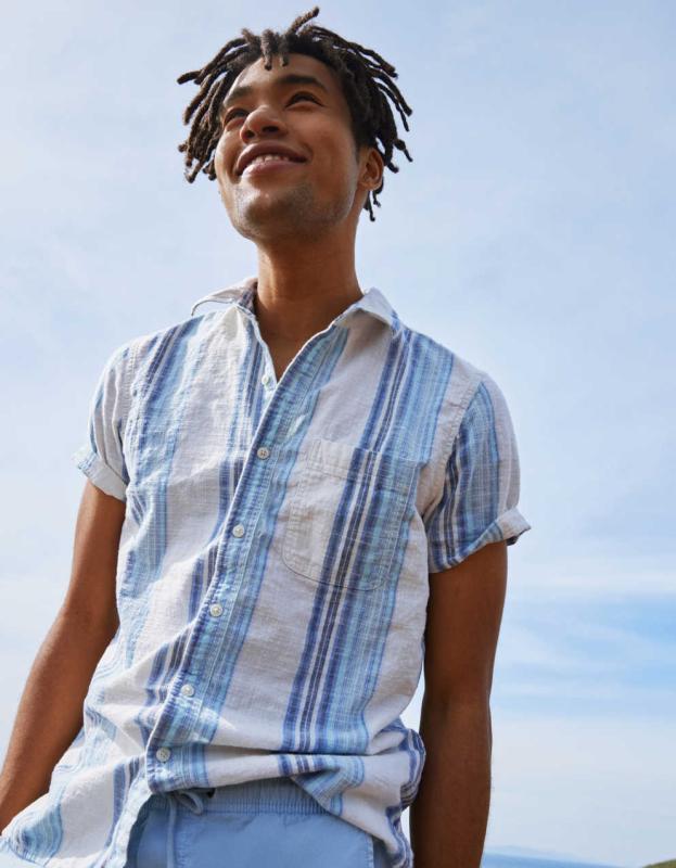 AE Striped Button-Up Resort Shirt - Light Blue, M 