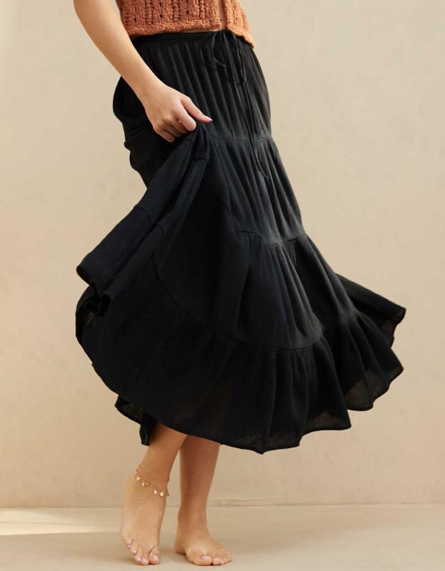 Aerie Beach Club Tiered Maxi Skirt - True Black, L 