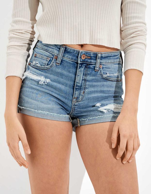 AE Stretch High-Waisted Denim Short Short - Medium Bright Indigo, 0 