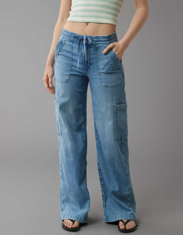 AE Dreamy Drape Stretch High-Waisted Baggy Cargo Jogger Jean - Glowing Light, 0 