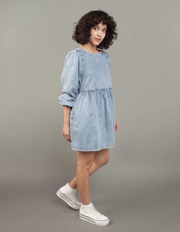 AE Long-Sleeve Denim Mini Dress - Blue, L 