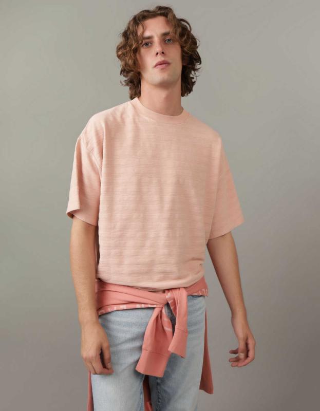 AE Textured Striped Oversized T-Shirt - Pink, XXL 