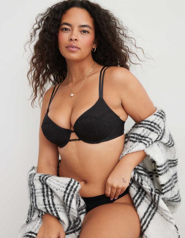 Show Off Plunge Push Up Lace Bra - True Black, 32C 