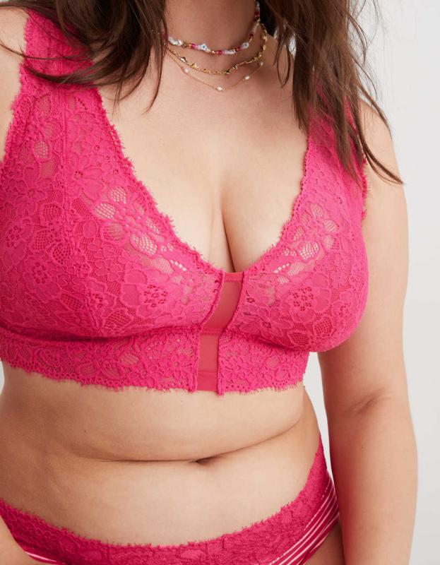 Show Off Eyelash Lace Padded Plunge Bralette - Fuchsia Pink, S 