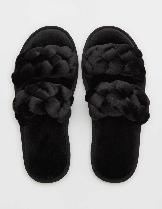 Aerie Braided Fur Slippers - True Black, M 