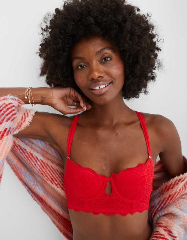 Aerie Real Power Balconette Lightly Lined Slumber Party Lace Bra - Chilly Red, 70A 
