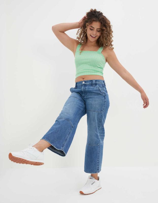 AE Smocked Square Neck Tank Top - Green, M 