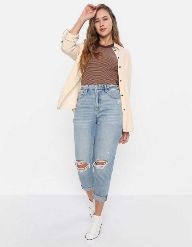 AE Bestie Long-Sleeve Button-Up Shirt - Soft Oat, XS 