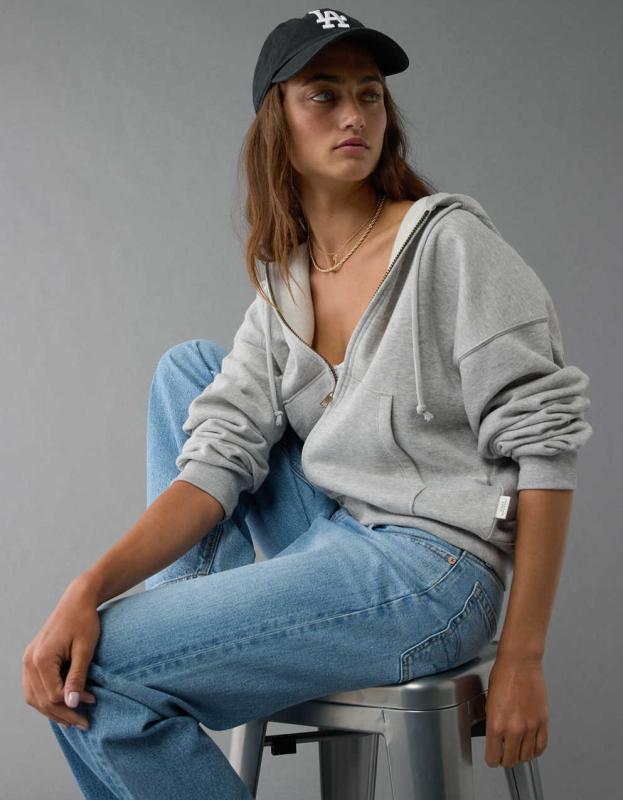 AE Fleece Zip Up Hoodie - Heather Gray, S 