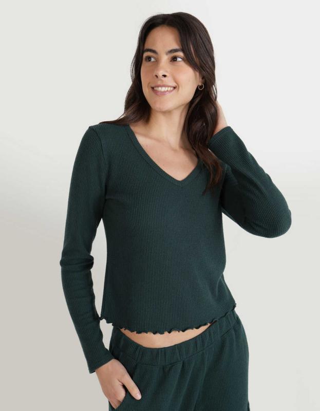 Aerie Waffle V Neck T-Shirt - Deep Forest Green, XXS 