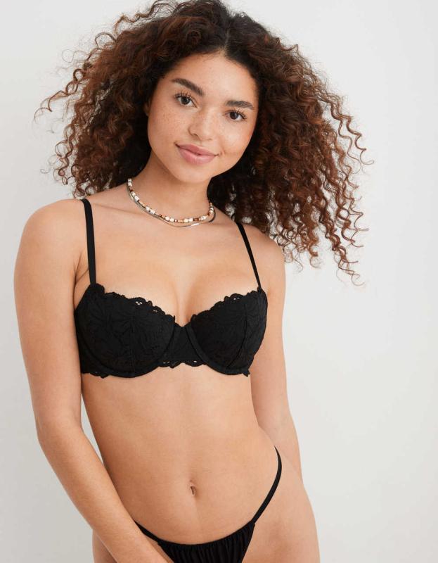 Aerie Real Power Balconette Beach Daze Lace Bra - True Black, 80C 