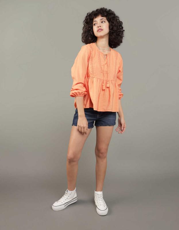 AE Tie-Front Long-Sleeve Peasant Top - Orange, M 