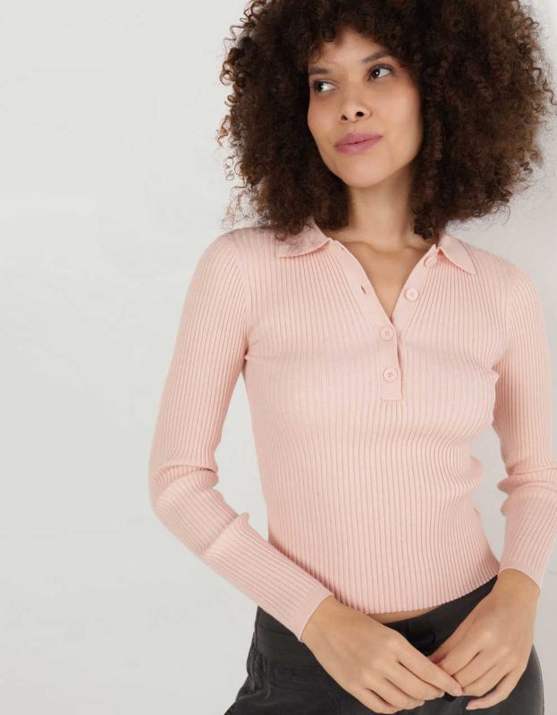 Aerie Cropped Long Sleeve Sweater Polo - Dusty Pink, XL 