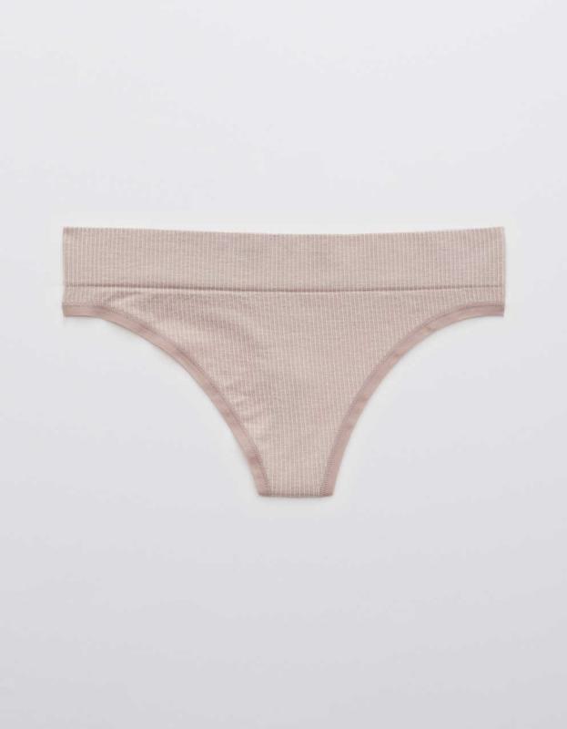 Aerie Ribbed Seamless Thong Underwear - Pebble, L 