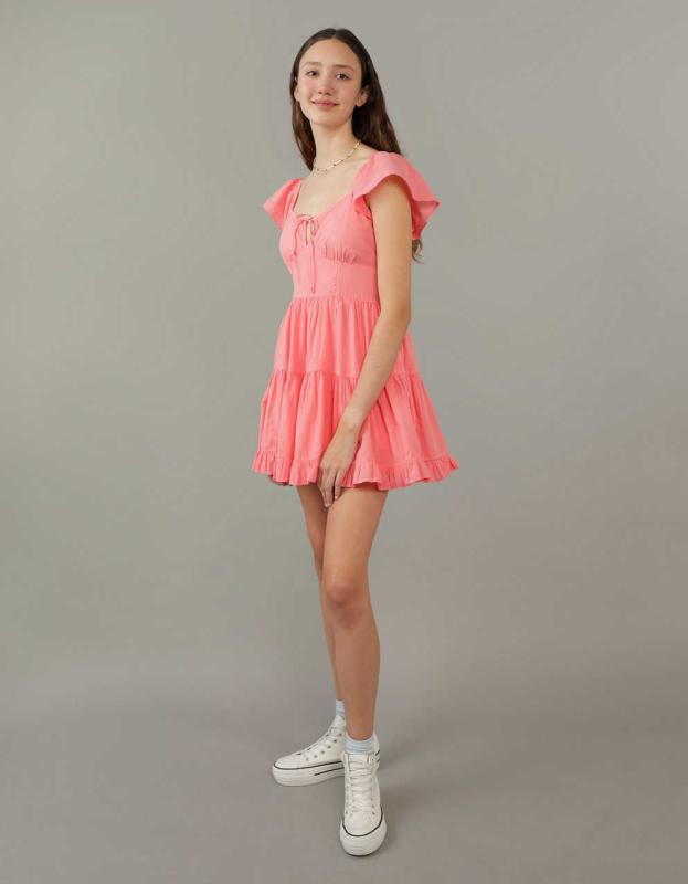 AE Flutter Sleeve Mini Dress - Coral, M 