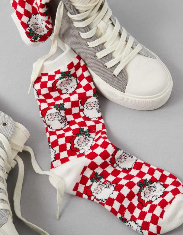 AE Holiday Checkerboard Crew Sock - Red, One Size 