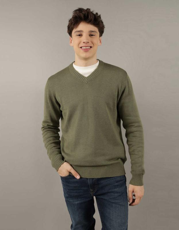 AE V-Neck Sweater - Olive, L 