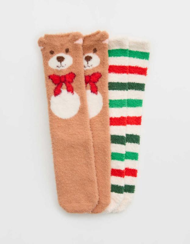 Aerie Fuzzy Holiday Crew Sock 2-Pack - Toasty, One Size 