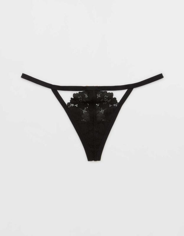 Aerie Poppy Lace Cut Out String Thong Underwear - True Black, L 