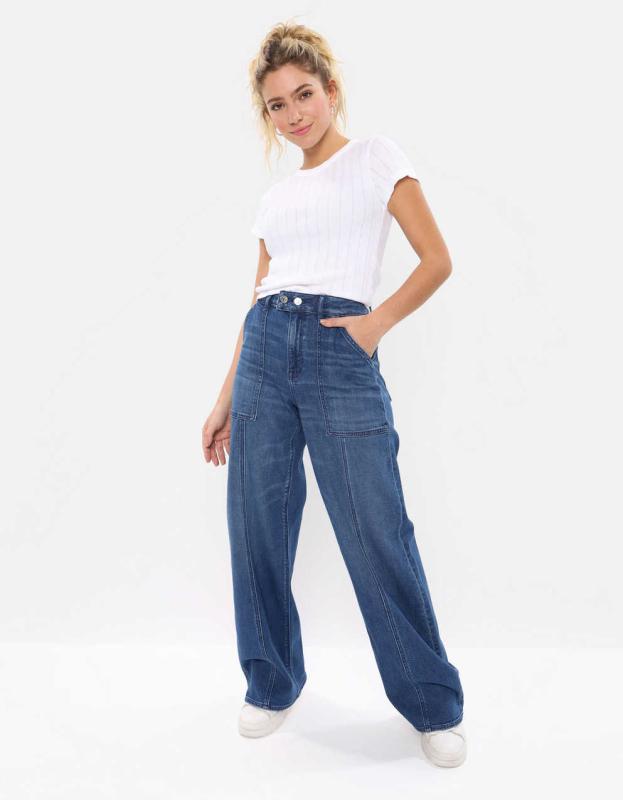 AE Stretch Dreamy Drape Super High-Waisted Baggy Wide-Leg Jean - Dark Blue, 00 