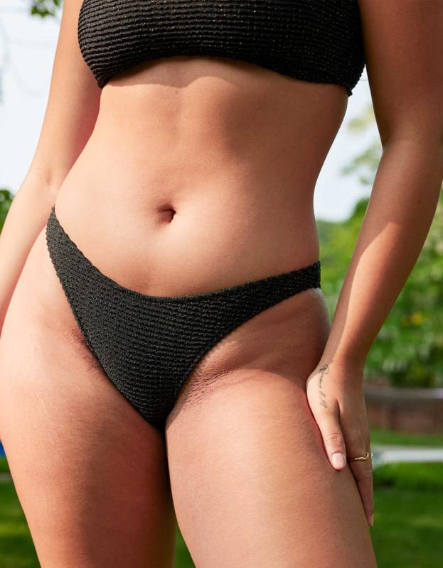 Aerie Lurex Crinkle Low Rise Cheeky Bikini Bottom - True Black, XS 