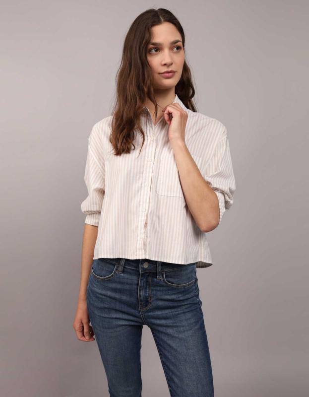 AE Long-Sleeve Crop Prep Shirt - Tan, M 