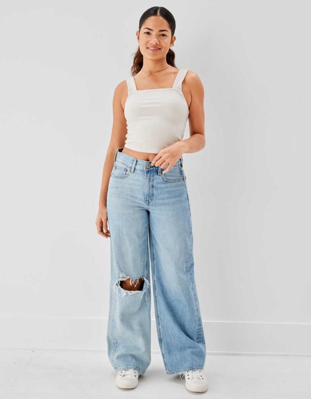 AE Ripped Super High-Waisted Baggy Wide-Leg Jean - Truly Two Toned, 00 