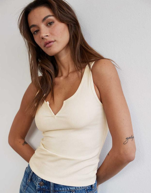 AE Cropped Notch Neck Tank Top - Cream, XS 
