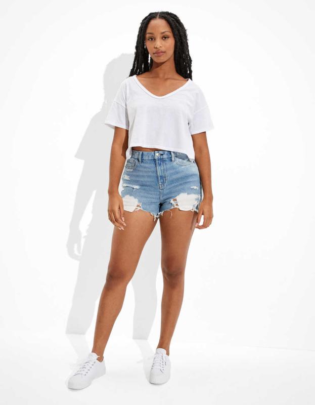 AE Curvy Denim Mom Shorts - Destroyed Bright, 0 