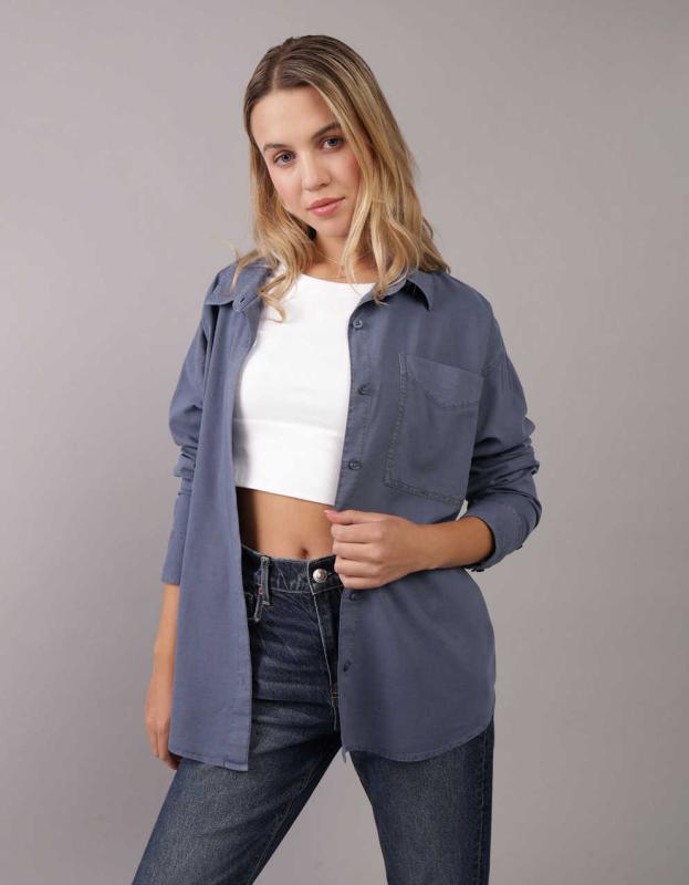 AE Perfect Button-Up Shirt - Navy, L 
