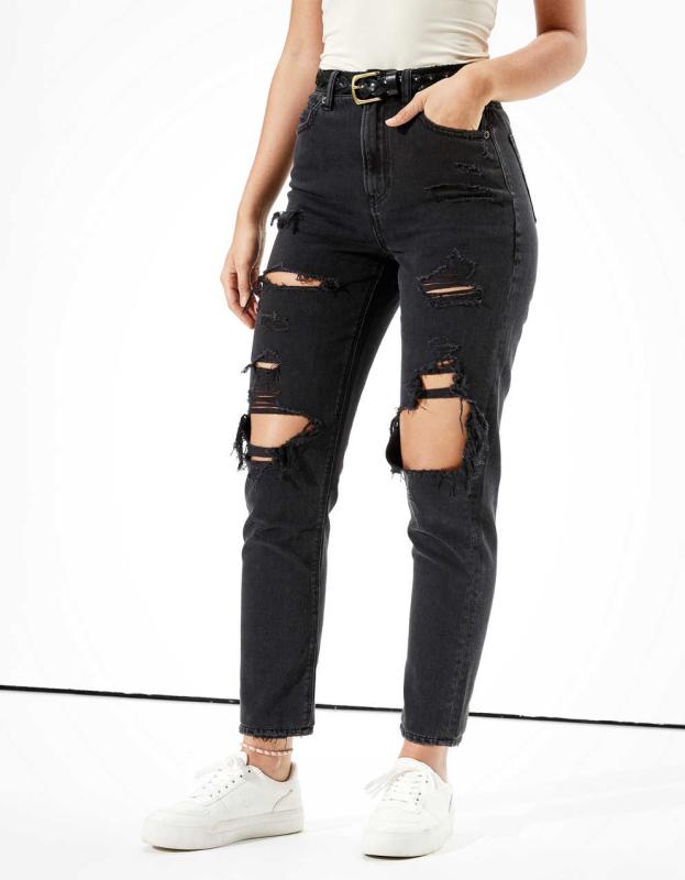 AE Ripped Mom Jean - Destroyed Black, 0 