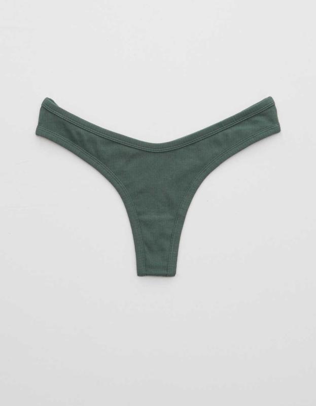 Aerie Ribbed Cotton High Cut Thong Underwear - Gatsby Green, XS 
