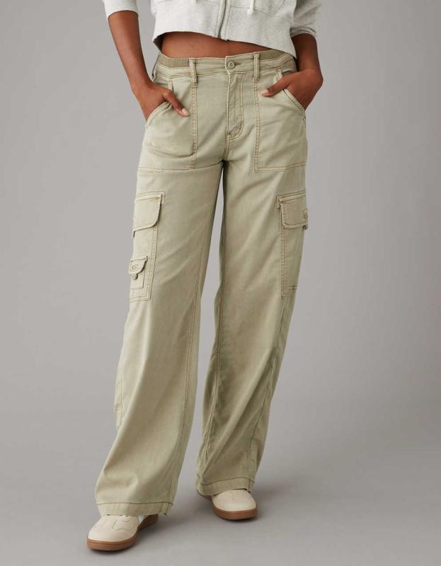 AE Dreamy Drape Stretch Cargo Super High-Waisted Baggy Wide-Leg Pant - Faded Olive, 12 