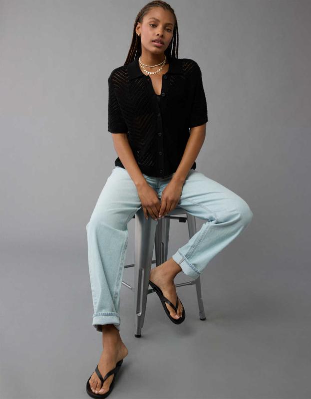 AE Oversized Button-Up Sweater Top - Black, L 