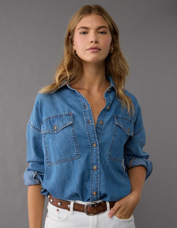 AE Dreamy Drape Denim Perfect Button-Up Shirt - Medium Wash, M 