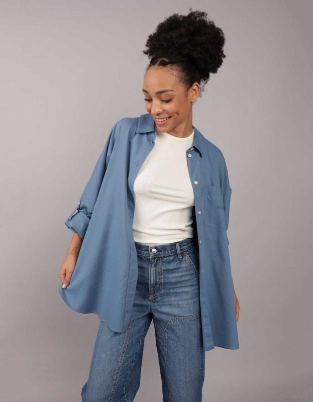 AE Go Big Oversized Shirt - Washed Blue, XS 