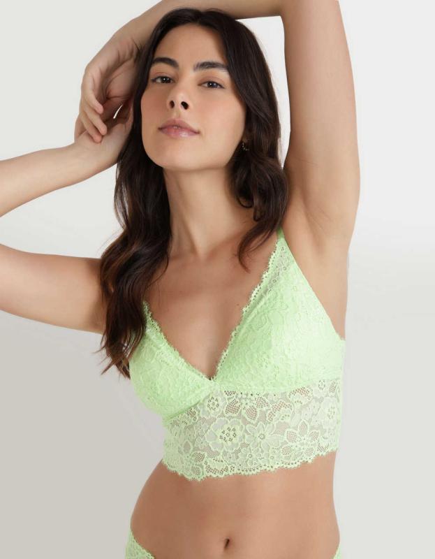 Show Off Eyelash Lace Padded Push Up Triangle Bralette - Green Beam, S 