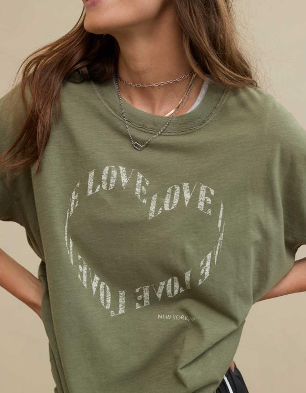 Aerie Oversized Graphic Boyfriend T-Shirt - Olive Fun, XXS 
