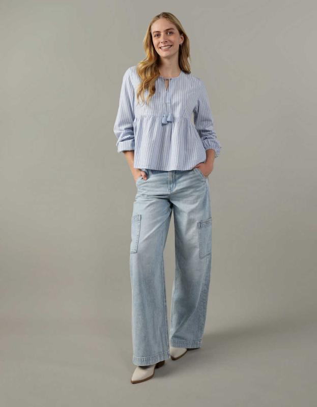 AE Tie-Front Long-Sleeve Peasant Top - Blue, L 