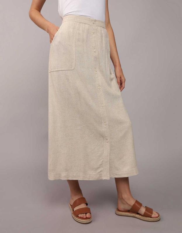 AE Button Front Midi Skirt - Natural, L 