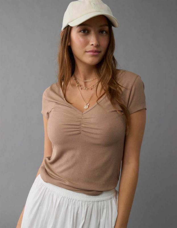 AE Soft & Sexy Cinch-Front T-Shirt - Brown, M 