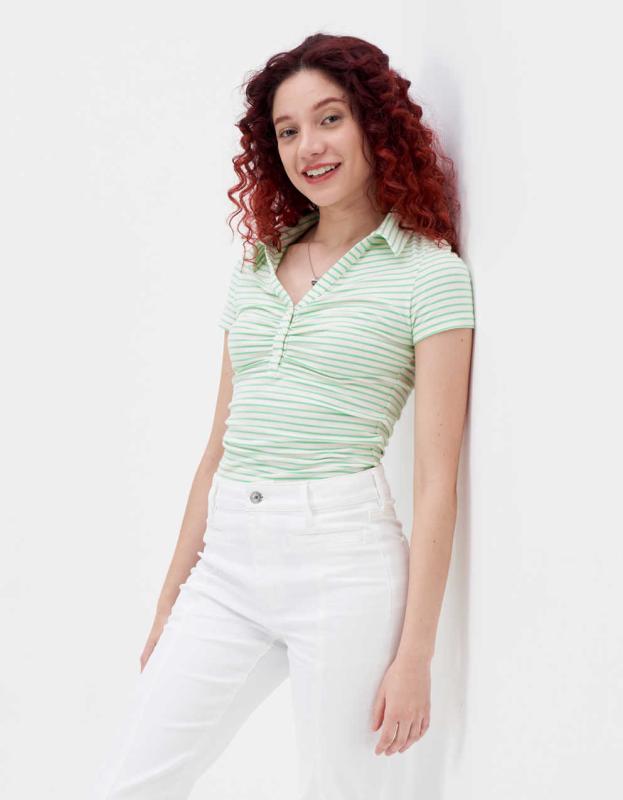 AE Ruched Polo Shirt - Green, XXS 