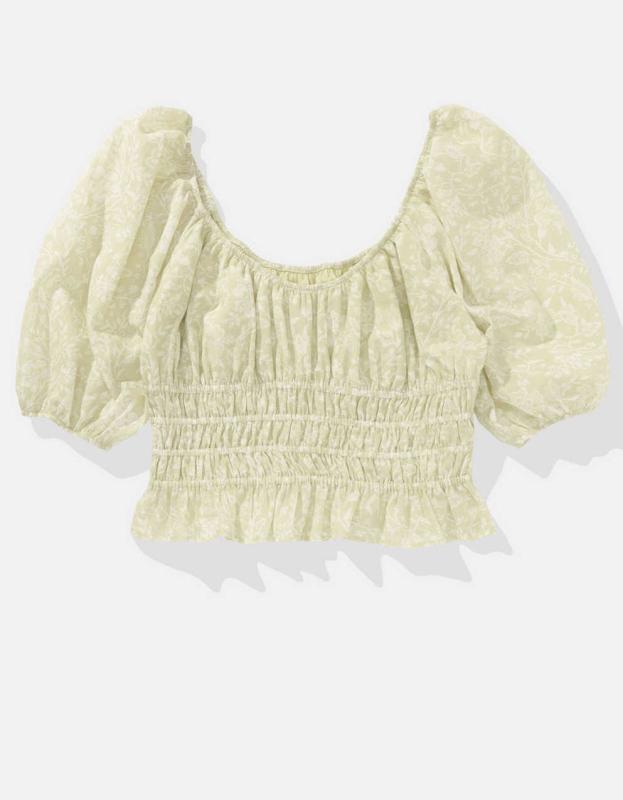 AE Square Neck Smocked Babydoll Blouse - Olive, XL 